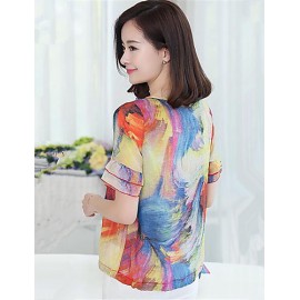 Women's Casual/Daily Sexy Summer / Fall Blouse,Print Round Neck Short Sleeve Blue Polyester Medium