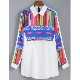 Women's Casual/Daily Vintage All Seasons ShirtPrint Shirt Collar Long Sleeve White Polyester Medium