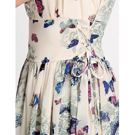 Women's Butterfly Print Beige Dress, Vintage/Print/Maxi U Neck Sleeveless Swing