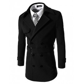 Men's Work Trench Coat,Solid Notch Lapel Long Sleeve Fall / Winter Black / Brown / Gray Wool / Cotton / Acrylic / Polyester Thick