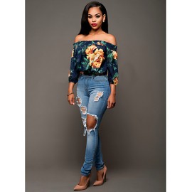 Women's Sexy Simple Boat Neck Off Shoulder Floral Print Summer Blouse