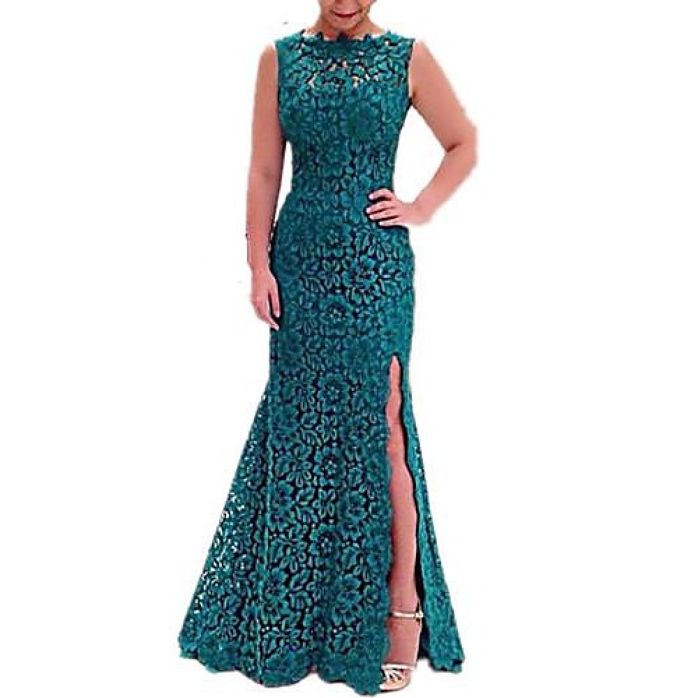 Women's Party/Cocktail Trumpet/Mermaid Dress,Solid Round Neck Maxi Sleeveless Green Summer