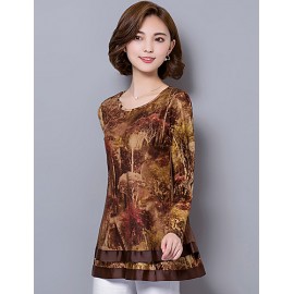 Women's Plus Size / Going out / Casual/Daily Street chic Spring / Fall BlousePrint Round Neck Long Sleeve