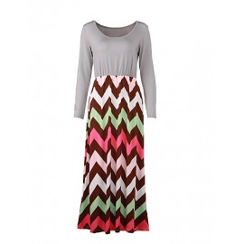 Women's Beach Loose Dress,Striped / Print Round Neck Maxi Long Sleeve Gray / Green Cotton Fall