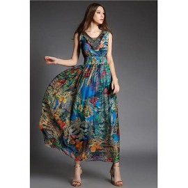 Going out Street chic Sheath Dress,Print V Neck Maxi Sleeveless Blue Silk Summer High Rise