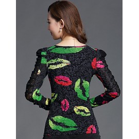 Spring/Fall Casual/Daily/Plus Size Women's Tops Round Neck Long Sleeve Fashion Printing Rhinestone Slim Blouse Shirt