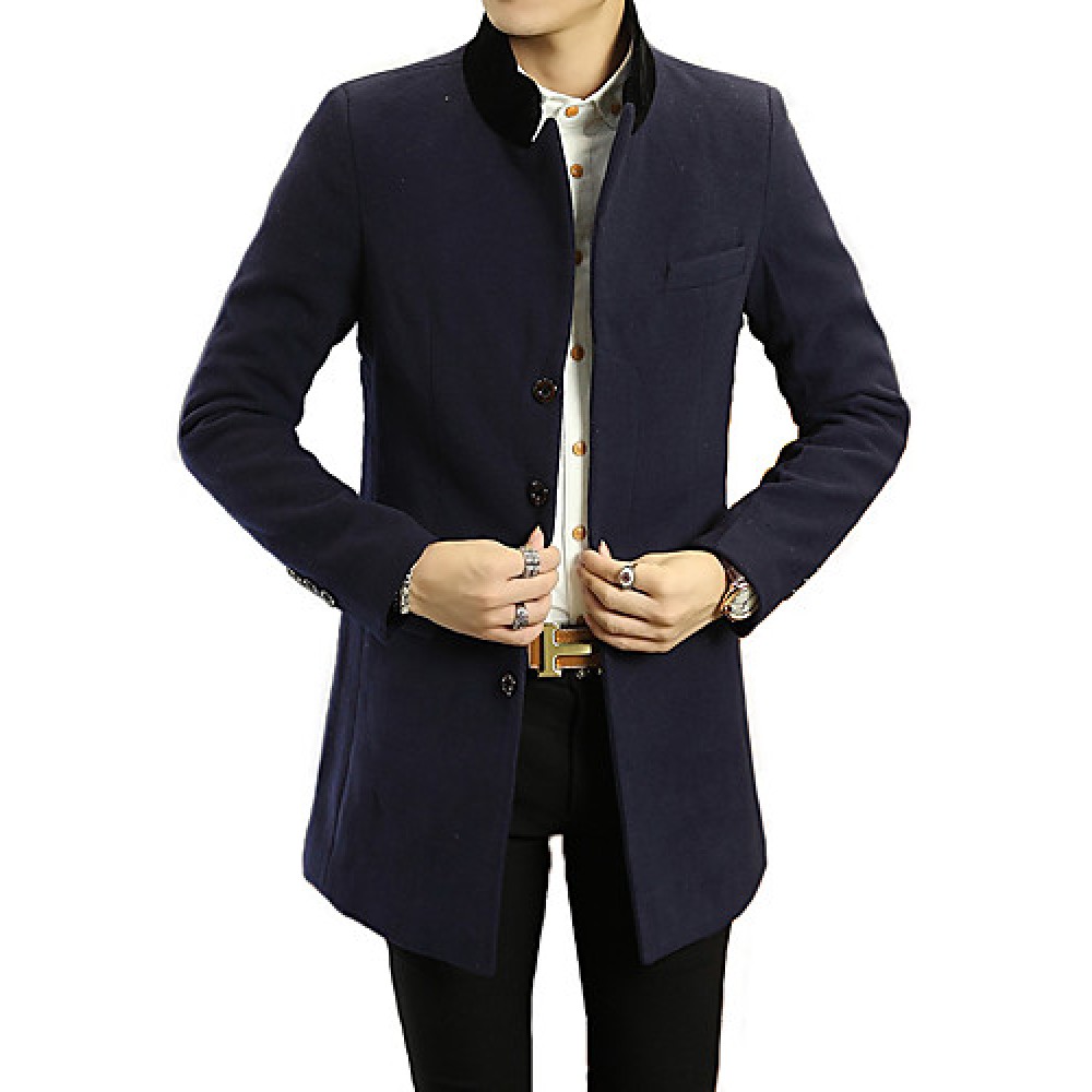 Men's Solid Casual / Formal Trench coatBamboo Fiber / Polyester Long Sleeve-Black / Blue / Yellow