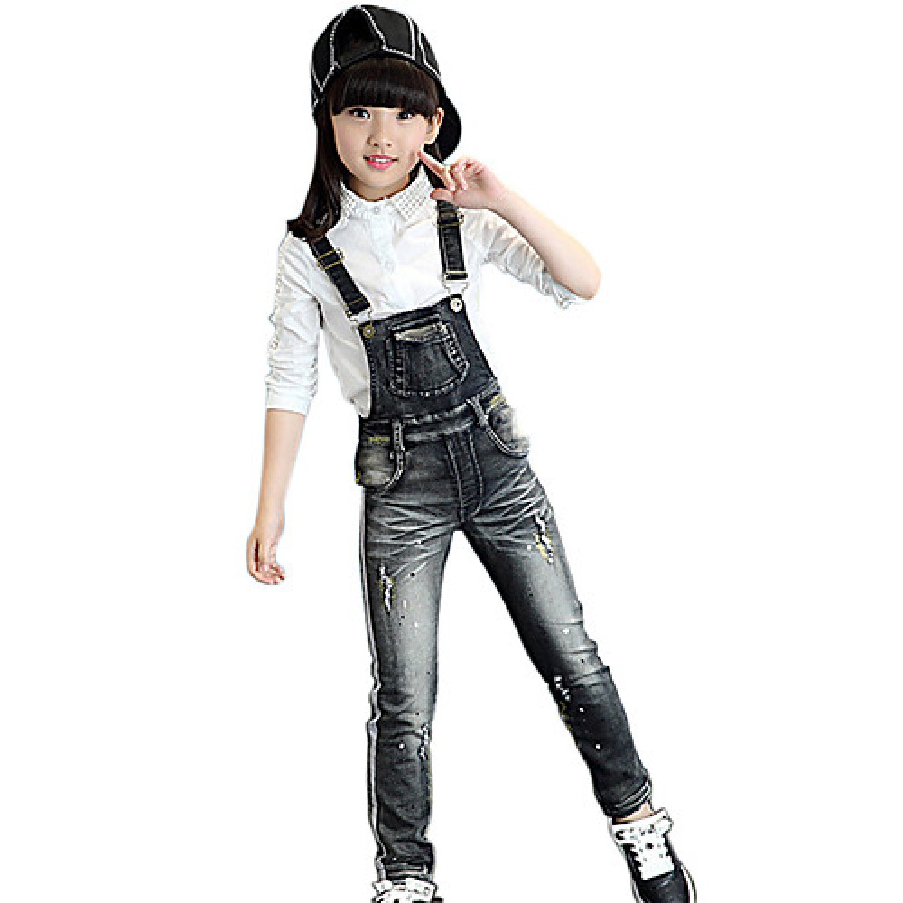 Girl's Cotton Spring/Autumn Fashion Print Jeans Pants Suspender Trousers Patchwork Solid Color Overalls  