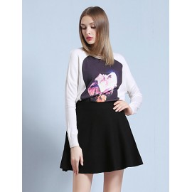 Women's Going out Street chic Spring / Fall T-shirtPrint Round Neck Long Sleeve White / Black / Yellow Wool