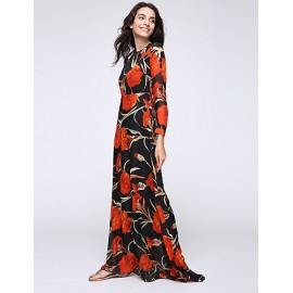 Women‘s Beach Trumpet/Mermaid Dress,Patchwork Stand Maxi Long Sleeve Orange Spandex Spring