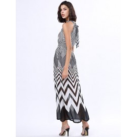 Women's Black & White Stripes Sexy Sleeveless Maxi Dress