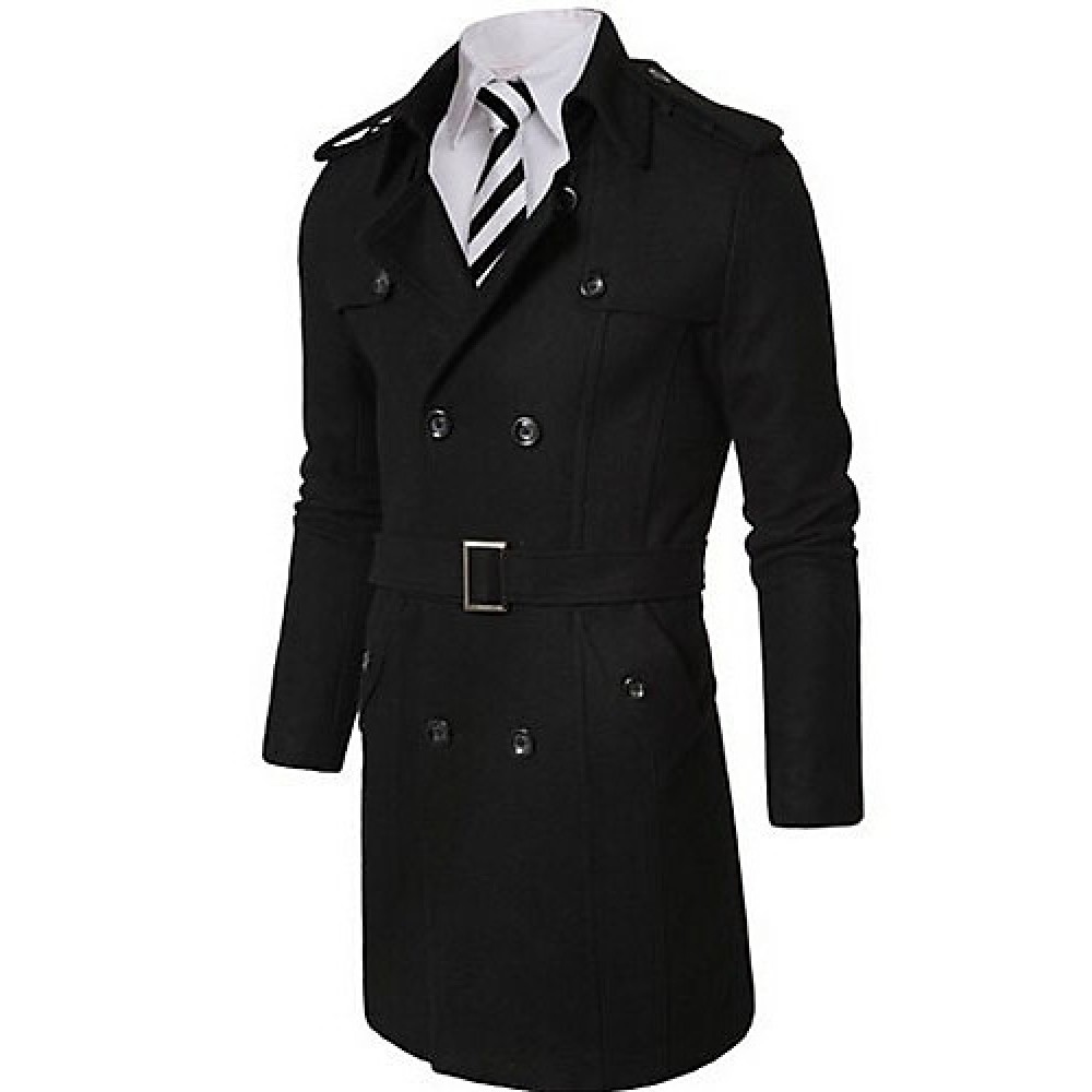 Men's Solid Casual / Work Trench coat,Wool Blend Long Sleeve-Black / Gray