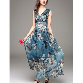 Going out Simple Sheath Dress,Print V Neck Maxi Sleeveless Blue / Red Polyester Summer Mid Rise