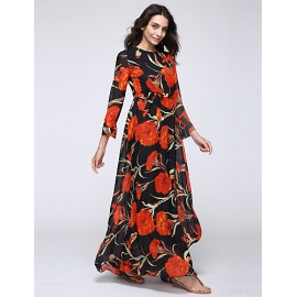 Women‘s Beach Trumpet/Mermaid Dress,Patchwork Stand Maxi Long Sleeve Orange Spandex Spring