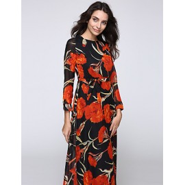 Women‘s Beach Trumpet/Mermaid Dress,Patchwork Stand Maxi Long Sleeve Orange Spandex Spring