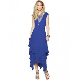 Women's Beach Lace / Skater Dress,Solid Round Neck Maxi Sleeveless Blue / Black Acrylic Spring