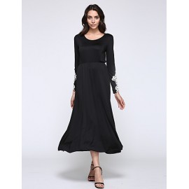 Women's Casual/Daily Simple Little Black / Swing Dress,Patchwork Round Neck Maxi Long Sleeve Black Polyester / Spandex Spring Mid Rise