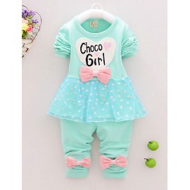 Girl's Cotton Spring/Autumn Casual Bowknot Cartoon Patchwork Long Sleeve T Shirt And Pants Two-piece Set  