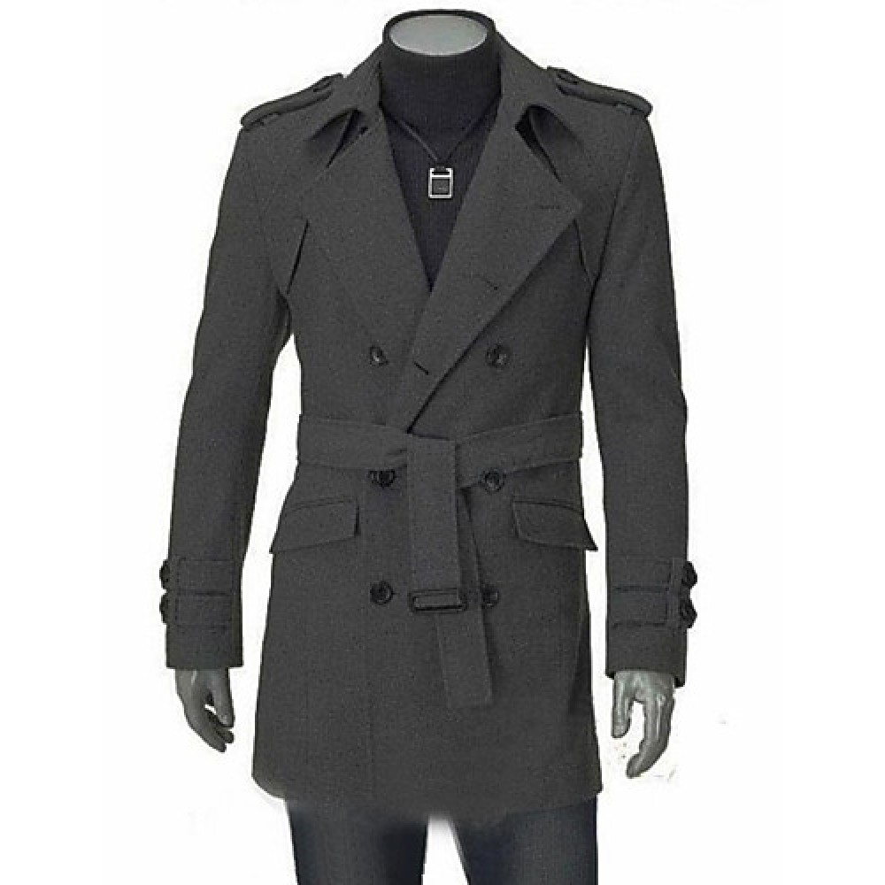 Men's Solid Casual / Work Trench coat,Polyester / Wool Blend Long Sleeve-Black / Gray